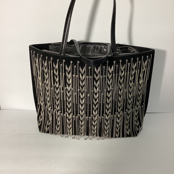 NWT CROMIA WOMAN'S LARGE LEATHER SUEDE TOTE BLACK  BAG FRINGE CHAINS AT FRONT - Picture 9 of 16